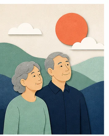 퇴직연금이 DB형이라면, 임금피크제 들어가기 전에 확인하세요 — DB·DC 차이 — 산과 해를 바라보는 은퇴 부부 일러스트